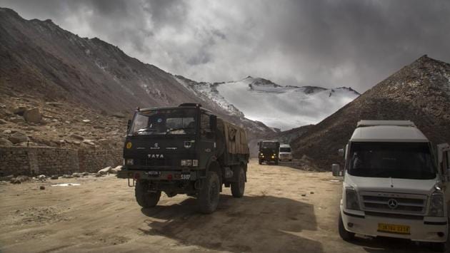 An Indian Army truck crosses Chang la pass near Pangong Lake in Ladakh where Indian and Chinese troops are in a stand-off.(AP)