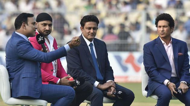 Former cricketers Sachin Tendulkar, Anil Kumble, Harbhajan Singh and VVS Laxman(PTI)