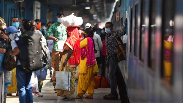 A rush of passengers wearing face masks is seen at New Delhi Railway Station on June 1. The resumption of 200 interstate passenger trains came as an important step in the Centre’s plan to restore passenger rail services across the country in a graded manner. (Raj K Raj / HT Photo) A rush of passengers wearing face masks is seen at New Delhi Railway Station on June 1. The resumption of 200 interstate passenger trains came as an important step in the Centre’s plan to restore passenger rail services across the country in a graded manner. (Raj K Raj / HT Photo)