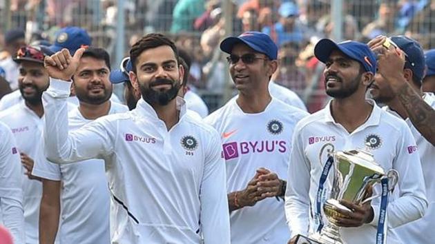 Kolkata: Indian team captain Virat Kohli gives a thumbs up to cheering fans after winning the day-night Test series against Bangladesh, at Eden Gardens in Kolkata, Sunday, Nov. 24, 2019.(PTI)