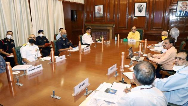 Union Home Minister Amit Shah chairs a meeting of the National Crisis Management Committee (NCMC) to review the preparedness ahead of Cyclone Nisarga, in New Delhi on Monday.(ANI Photo) Union Home Minister Amit Shah chairs a meeting of the National Crisis Management Committee (NCMC) to review the preparedness ahead of Cyclone Nisarga, in New Delhi on Monday.(ANI Photo)