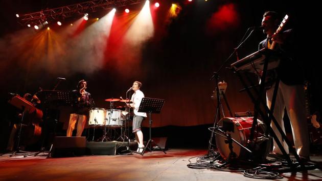 Portuguese artists Bruno Nogueira, center left, and Manuela Azevedo perform on stage at the Campo Pequeno bullring in Lisbon, Monday, June 1, 2020. Portugal is allowing concert halls to reopen from Monday as the government eases the coronavirus lockdown rules. (AP) Portuguese artists Bruno Nogueira, center left, and Manuela Azevedo perform on stage at the Campo Pequeno bullring in Lisbon, Monday, June 1, 2020. Portugal is allowing concert halls to reopen from Monday as the government eases the coronavirus lockdown rules. (AP)