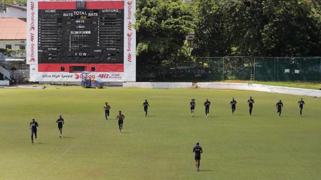 Members of Sri Lankan cricket team attend their first training session after more than two months of restrictions. (AP)