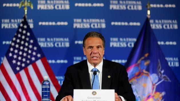 New York Governor Andrew Cuomo addresses a briefing on the coronavirus disease response at the National Press Club following his meeting with US President Trump in Washington.(REUTERS)