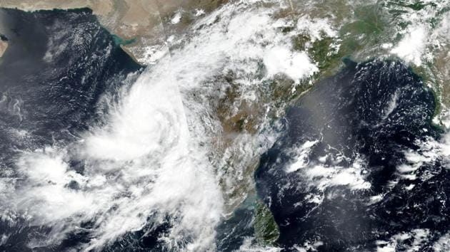 This June 2 satellite image released by NASA shows Cyclone Nisarga roaring toward the western coast of India.(AP Photo)