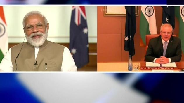 Australian PM Scott Morrison during first-ever virtual bilateral summit with PM Modi on Thursday.(ANI)