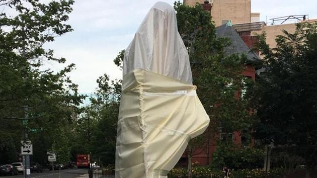 Mahatma Gandhi’s statue outside the Indian Embassy in Washington DC desecrated by protesters.(Twitter/ANI)