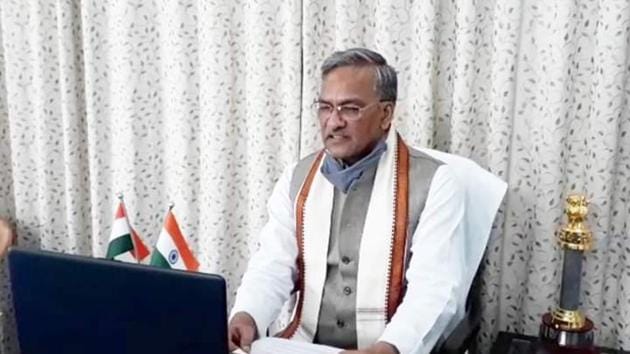 Uttarakhand Chief Minister Trivendra Singh Rawat during a virtual meeting to take stock of the Covid-19 situation in the state. (HT PHOTO) Uttarakhand Chief Minister Trivendra Singh Rawat during a virtual meeting to take stock of the Covid-19 situation in the state. (HT PHOTO)