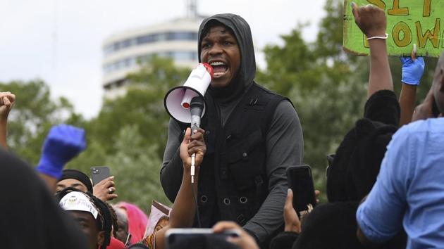 Actor John Boyega speaks at a demonstration in Hyde Park, London in central London on Wednesday, June 3, 2020 during a demonstration over the death of George Floyd.(AP)