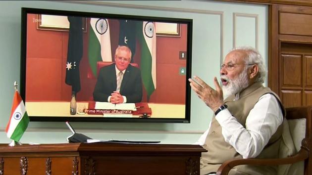 Prime Minister Narendra Modi speaks during first ever 'India-Australia Virtual Summit' with Australia PM Scott Morrison, via video conference in New Delhi.(ANI)
