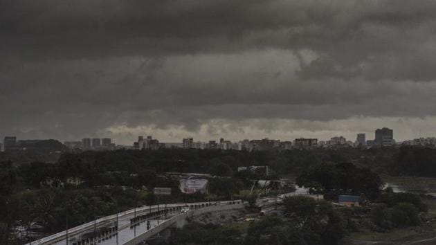 An almost apocalyptic scene as dark clouds hover over Pune city on June 3. Though Cyclone Nisarga completed landfall between 12.30 and 2.30 pm, its intensity lasted for another hour afterwards. Two deaths were reported in Pune. (Pratham Gokhale / HT Photo) An almost apocalyptic scene as dark clouds hover over Pune city on June 3. Though Cyclone Nisarga completed landfall between 12.30 and 2.30 pm, its intensity lasted for another hour afterwards. Two deaths were reported in Pune. (Pratham Gokhale / HT Photo)