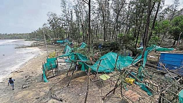 Remnants of food stalls and large trees at Kashid beach in the coastal resort town of Alibag.