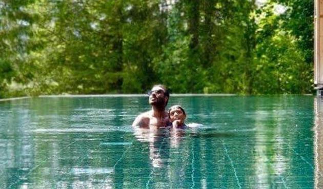 Ajay Devgn takes a dip with son Yug. Ajay Devgn takes a dip with son Yug.