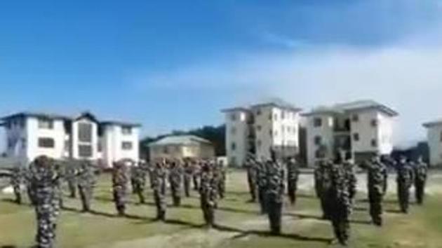In the video, a group of men dressed in combat uniform standing in a row in an open field are seen taking oath in Hindi by raising hands to boycott Chinese products. (Videograb) In the video, a group of men dressed in combat uniform standing in a row in an open field are seen taking oath in Hindi by raising hands to boycott Chinese products. (Videograb)