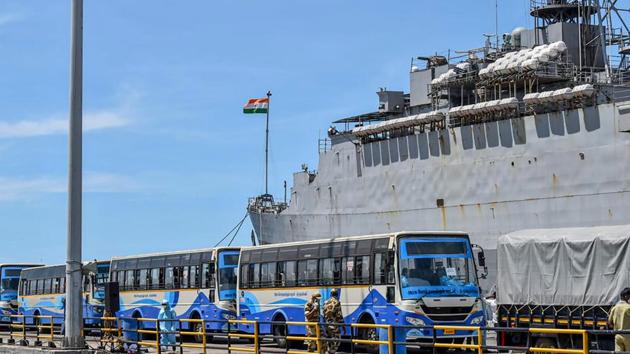 Indian Navy’s INS Jalashwa arrives at VO Chidambaranar Port carrying stranded Indian nationals in Tuticorin. “Phase II of Vande Bharat has progressed well…the Indian Navy has also made sorties to bring back returnees from Sri Lanka and the Maldives,” an external affairs ministry spokesperson told HT. (PTI) Indian Navy’s INS Jalashwa arrives at VO Chidambaranar Port carrying stranded Indian nationals in Tuticorin. “Phase II of Vande Bharat has progressed well…the Indian Navy has also made sorties to bring back returnees from Sri Lanka and the Maldives,” an external affairs ministry spokesperson told HT. (PTI)