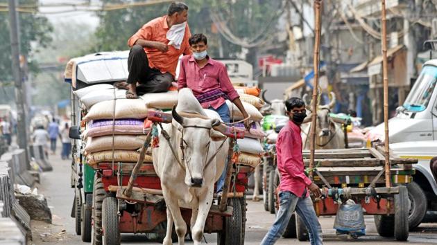 A man rides a bullock cart laden with essentials near Khari Baoli Market on June 4. Among those staying back are migrants who had earlier registered to leave for the security of home due to job losses, but later informed officials that they had found work and decided to stay when called upon for screening before being sent home. (Rahul singh / ANI)