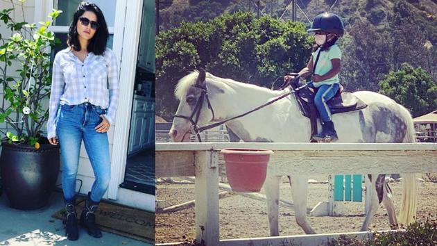 Sunny Leone’s daughter Nisha rides a horse.