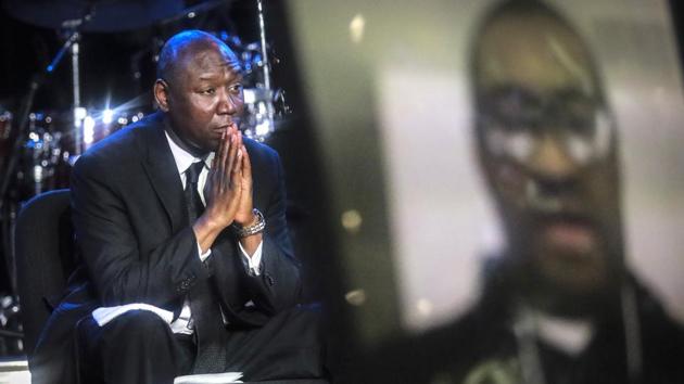 Civil rights attorney Ben Crump at the memorial service. Hollywood celebrities, musicians and political leaders gathered in front of the golden casket of George Floyd whose death at the hands of police sparked global protests. (Bebeto Matthews / AP) Civil rights attorney Ben Crump at the memorial service. Hollywood celebrities, musicians and political leaders gathered in front of the golden casket of George Floyd whose death at the hands of police sparked global protests. (Bebeto Matthews / AP)