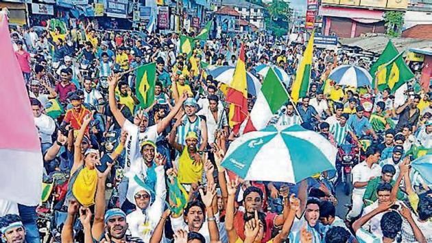 A roadshow in Malappuram heralding the start of the FIFA World Cup in Brazil in June 2014. Fandom doesn’t just unite; it also teaches us to accept when we’re beaten, be okay with not always winning, but have the resilience to keep fighting back.(HT Archive)