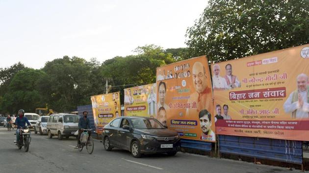 Hoardings for BJP’s ‘Bihar Jan Samwad’ virtual rally, which will be addressed by Union home minister Amit Shah today, put up near the party’s office in Patna, on Saturday.(Santosh Kumar/HT Photo) Hoardings for BJP’s ‘Bihar Jan Samwad’ virtual rally, which will be addressed by Union home minister Amit Shah today, put up near the party’s office in Patna, on Saturday.(Santosh Kumar/HT Photo)