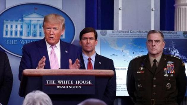 US President Donald Trump addresses the daily coronavirus response briefing as National Security Advisor Robert O'Brien, Attorney General William Barr, Defense Secretary Mark Esper and US Joint Chiefs Chairman Gen. Mark Milley listen at the White House in Washington, US.(REUTERS)