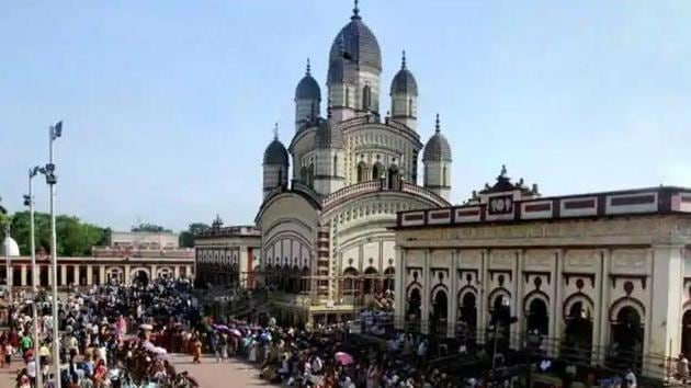 At the famous Dakshineswar Kali Temple by the Hooghly River near Kolkata, the gates remained closed. The temple was built in 1855 by Rani Rashmoni who became a living legend by helping poor people and farmers. (HT PHOTO.) At the famous Dakshineswar Kali Temple by the Hooghly River near Kolkata, the gates remained closed. The temple was built in 1855 by Rani Rashmoni who became a living legend by helping poor people and farmers. (HT PHOTO.)