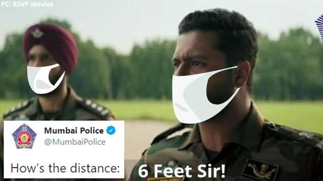 Mumbai Police shared a still from the film in which the actors, including Vicky Kaushal, have been given facemasks. (Twitter/@MumbaiPolice) Mumbai Police shared a still from the film in which the actors, including Vicky Kaushal, have been given facemasks. (Twitter/@MumbaiPolice)