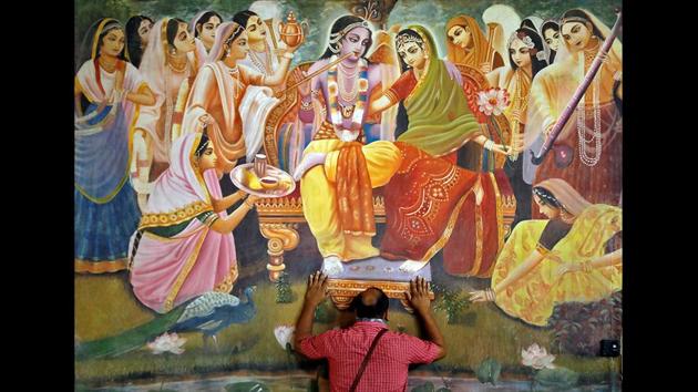 A man prays inside the ISKCON temple in Ahmedabad. However, amid this phased unlocking, the famous Kashi Vishwanath temple, the Vaishno Devi shrine in Jammu and Kashmir, Mathura’s Banke Bihar temple and Panchkula’s Mansa Devi temple and Asifi mosque in Lucknow, remained closed to the public, reported Hindustan. (Amit Dave / REUTERS) 