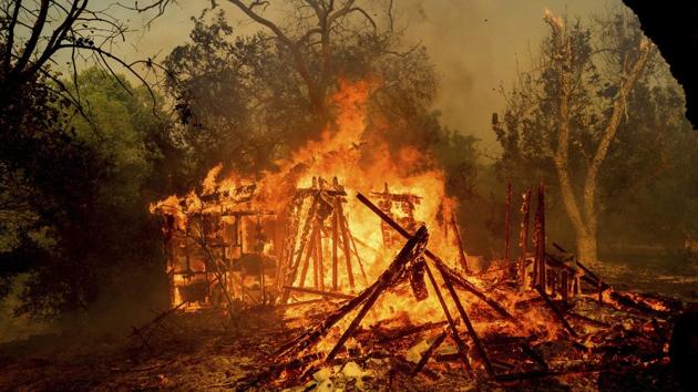 Flames rise from an outbuilding in the way of the Quail Fire near Winters, California on June 6. The fire erupted in sparsely populated, rugged mountain country and was quick to spread initially due to fast moving winds in the canyons. No casualties have been reported so far. (Noah Berger / AP)