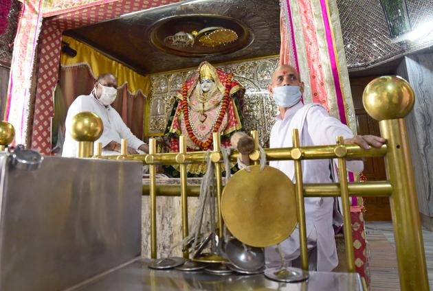 Atleast, 250 devotees visited Dugra Mata Mandir in Ludhiana on Monday, (GURPREET SINGH/HT) Atleast, 250 devotees visited Dugra Mata Mandir in Ludhiana on Monday, (GURPREET SINGH/HT)