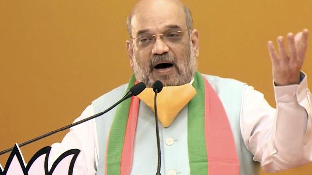 Union Home Minister Amit Shah addresses 'Bihar Jansamvad rally through video conferencing in New Delhi.(ANI) Union Home Minister Amit Shah addresses 'Bihar Jansamvad rally through video conferencing in New Delhi.(ANI)