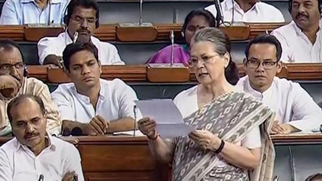 Congress chief Sonia Gandhi speaking in the Lok Sabha during the Budget Session of Parliament in July 2019.(PTI File Photo)