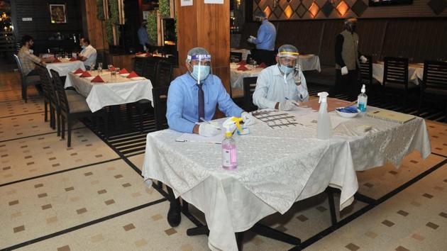 Swagath Restaurant in Sector 26 was among the few eateries in Chandigarh that resumed dine-in services, with caution, on Monday. (RAVI KUMAR/HT) Swagath Restaurant in Sector 26 was among the few eateries in Chandigarh that resumed dine-in services, with caution, on Monday. (RAVI KUMAR/HT)