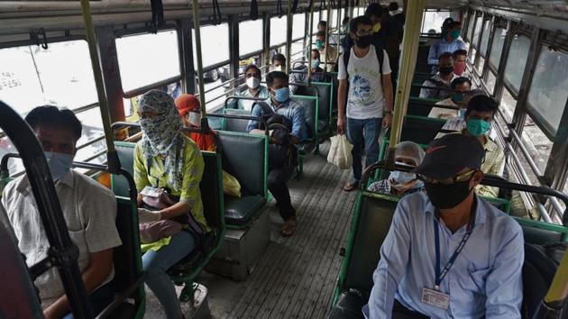 Passenger maintaining social distancing after boarding BEST bus during unlock 2.0 phase at Mulund Check Naka, LBS road in Thane in Mumbai on Monday. (Praful Gangurde/HT Photo) Passenger maintaining social distancing after boarding BEST bus during unlock 2.0 phase at Mulund Check Naka, LBS road in Thane in Mumbai on Monday. (Praful Gangurde/HT Photo)