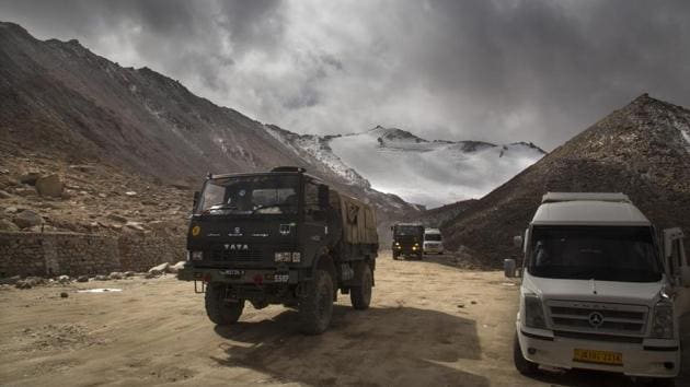 An Indian Army truck crosses Chang la pass near Pangong Lake in Ladakh region in September 2018.(AP File Photo)