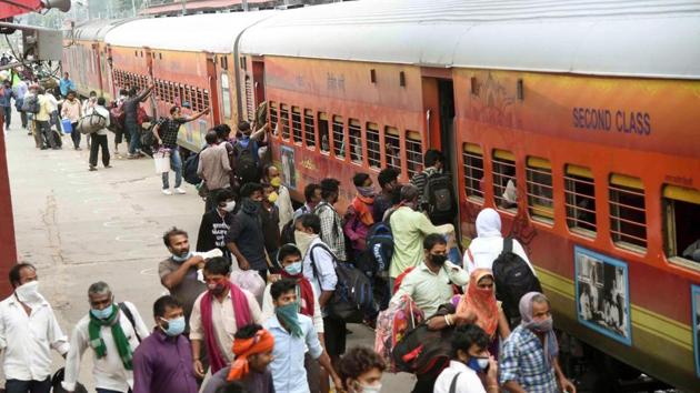 File photo: Migrants arrive from Delhi on a Shramik Special board a local train at Danapur station to reach their destinations in Patna, Bihar. (Santosh Kumar/ Hindustan Times) File photo: Migrants arrive from Delhi on a Shramik Special board a local train at Danapur station to reach their destinations in Patna, Bihar. (Santosh Kumar/ Hindustan Times)