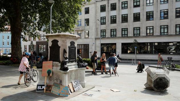 The area where the statue of Edward Colston stood is seen a day after on June 8. Statues of figures from Europe and America’s imperialist past have in recent years become the subject of controversies between those who argue that such monuments merely reflect history and those who say they glorify racism. (Matthew Childs / REUTERS)