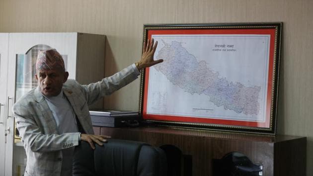 Nepal’s foreign minister Pradeep Gyawali points to a map of Nepal in Kathmandu, Nepal.(AP) Nepal’s foreign minister Pradeep Gyawali points to a map of Nepal in Kathmandu, Nepal.(AP)