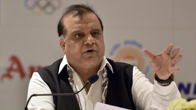 Indian Olympic Association President Narinder Batra during a press conference after executive board meeting at Lalit Hotel.(Hindustan Times via Getty Images)