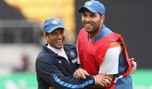 Sachin Tendulkar and Yuvraj Singh share a light moment during one of India’s training sessions.(Getty Images)