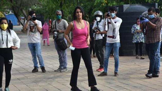 Mallika Sherawat was swarmed by paparazzi as she took an evening walk in Bandra. (Varinder Chawla)