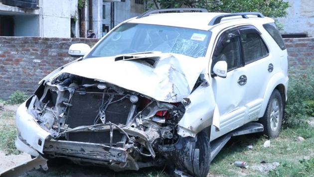 The SUV, police said, is registered in the name of Congress MLA from Fazilka, Davinder Singh Ghubaya. At the time of the incident, however, the MLA was not in the car, they added. (HT PHOTO) The SUV, police said, is registered in the name of Congress MLA from Fazilka, Davinder Singh Ghubaya. At the time of the incident, however, the MLA was not in the car, they added. (HT PHOTO)