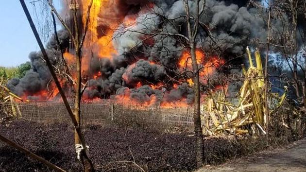 Smoke emanating from oil wells after an explosion at the Baghjan oil field, Tinuskia, Assam, June 9, 2020(ANI)