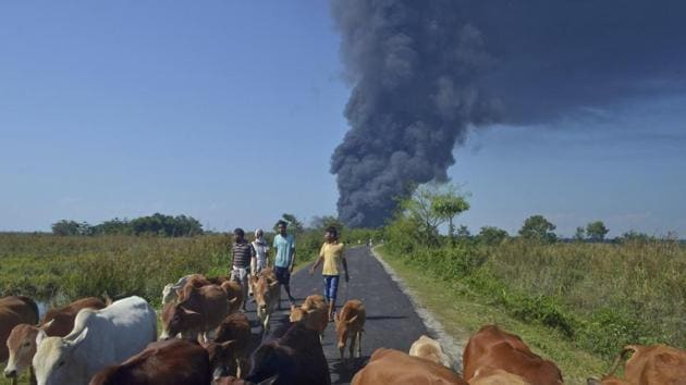 People walk behind cattle, as smoke rises after the natural gas well of Oil India Limited (OIL) caught fire at Baghjan, Tinsukia district in the northeastern Indian state of Assam on Tuesday. (AP Photo) People walk behind cattle, as smoke rises after the natural gas well of Oil India Limited (OIL) caught fire at Baghjan, Tinsukia district in the northeastern Indian state of Assam on Tuesday. (AP Photo)