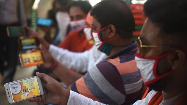 The virtual rally such as Union Home Minister Amit Shah's address to the BJP’s West Bengal units on June 9 is one implementation of several solutions provided by technology to older processes being delivered by newer means. (Samir jana / HT Photo)