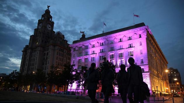 The Cunard building in Liverpool is lit up in Minneapolis, Liverpool, Britain. (REUTERS)