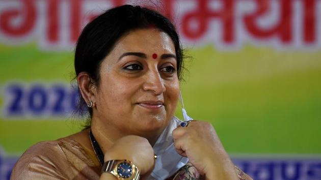 Union Minister for Women and Child Development Smriti Irani addressed Uttarakhand Jan Samvad Rally via video conferencing. (PTI Photo) Union Minister for Women and Child Development Smriti Irani addressed Uttarakhand Jan Samvad Rally via video conferencing. (PTI Photo)