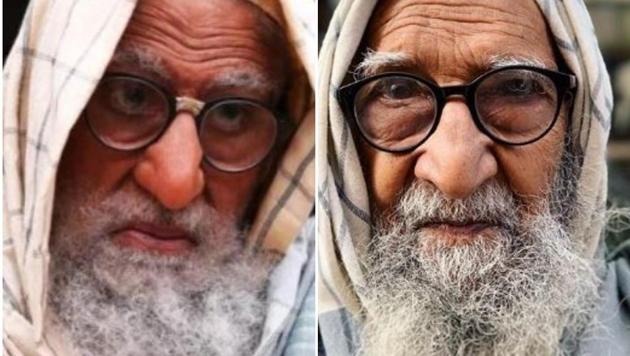 Amitabh Bachchan (L) and Mayank Austen Soofi’s portrait of the Old Delhi man (R).