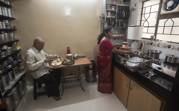 Senior citizen couple Sarita Jadhav (R) and Satish Jadhav (L) at their residence in Bibwewadi. (Pratham Gokhale/HT Photo) Senior citizen couple Sarita Jadhav (R) and Satish Jadhav (L) at their residence in Bibwewadi. (Pratham Gokhale/HT Photo)