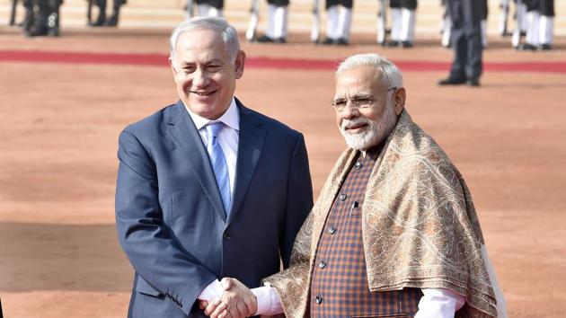 Israeli Prime Minister Benjamin Netanyahu with PM Narendra Modi in New Delhi in January 2018.(Ajay Aggarwal/HT Photo)